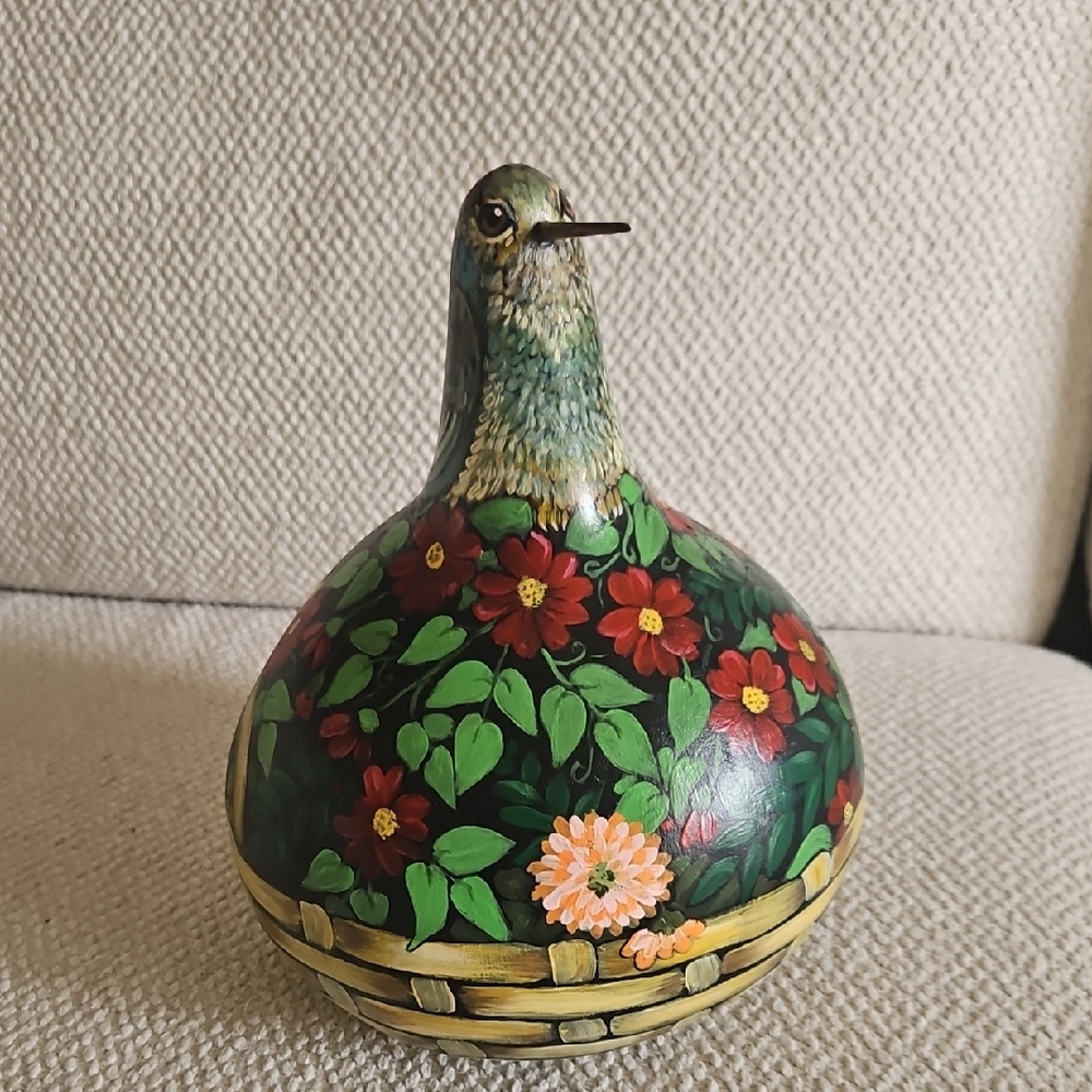 Hand-Painted Floral Humming Bird Decorative Gourd